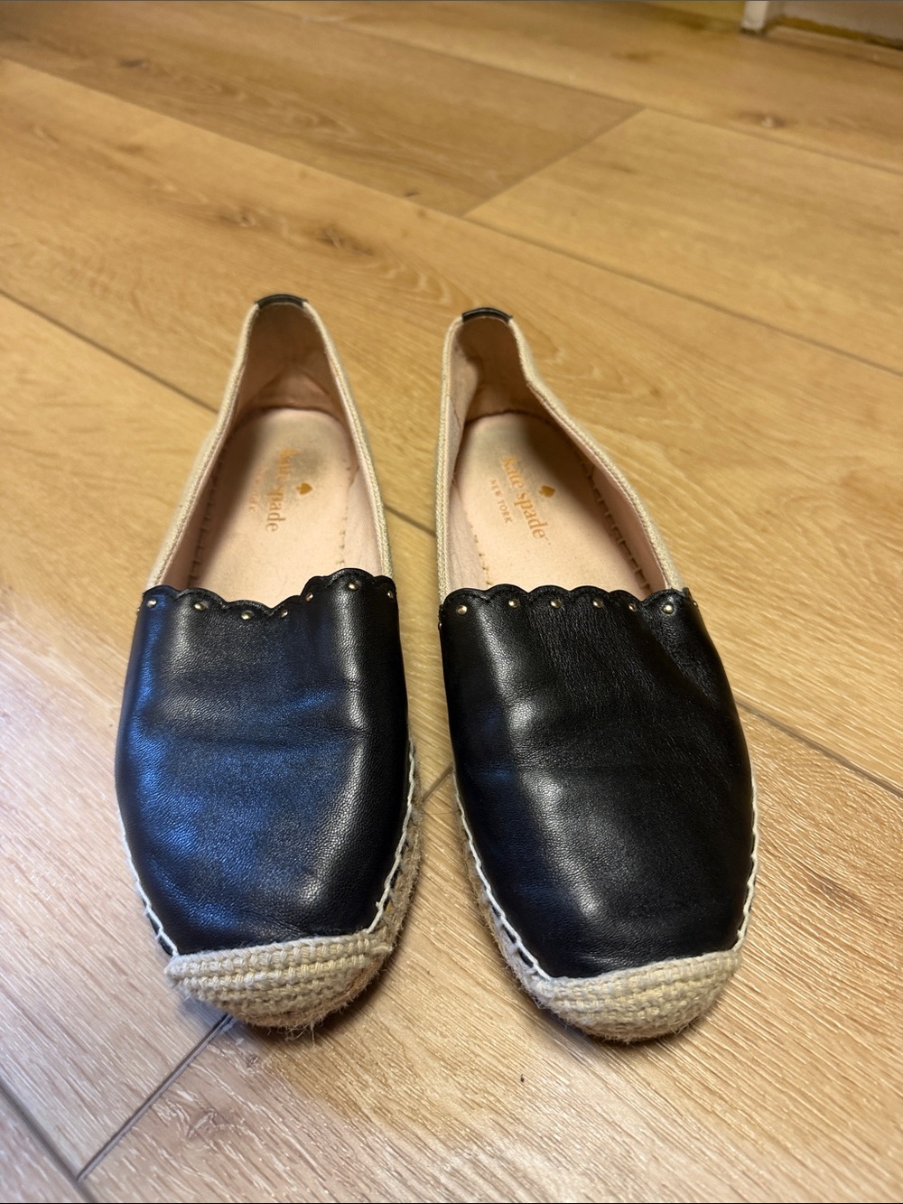 kate spade Black Leather Scalloped Espadrille Flats